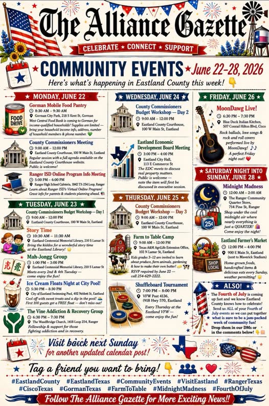 The Alliance Gazette community events for June 22 through June 28, 2026.