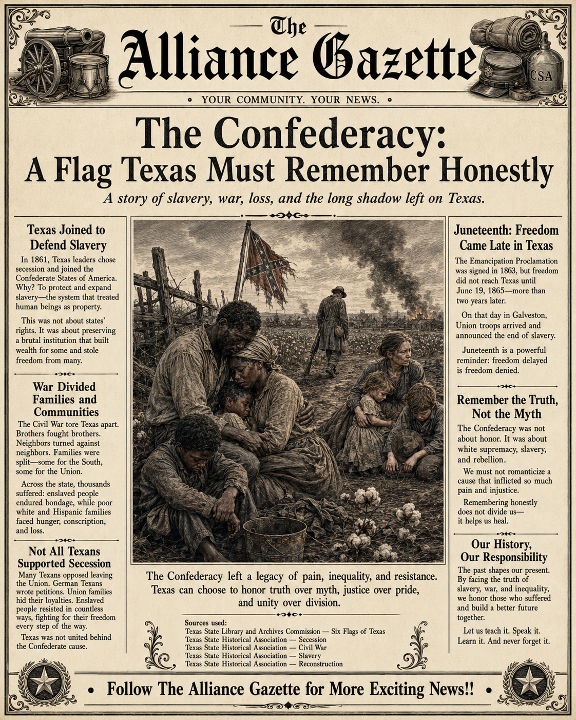 Gazette newspaper-style graphic for Part 5 of the Six Flags series, examining Texas under the Confederacy.