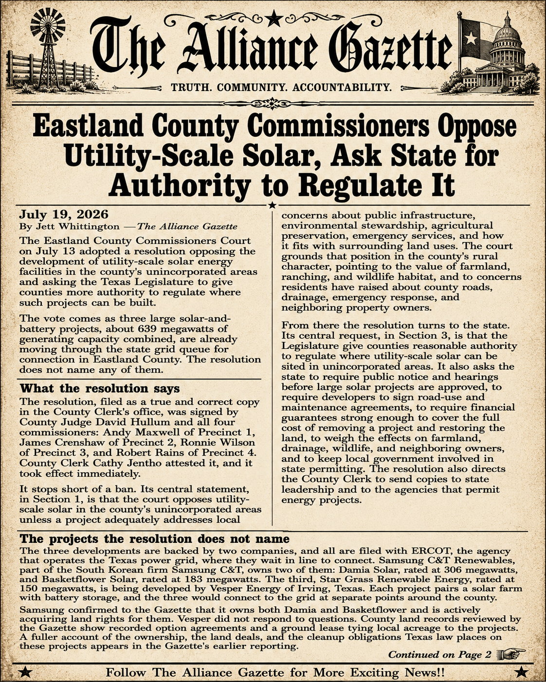 Print-edition page 1 of 2 for Eastland County Commissioners Oppose Utility-Scale Solar Without Local Safeguards.