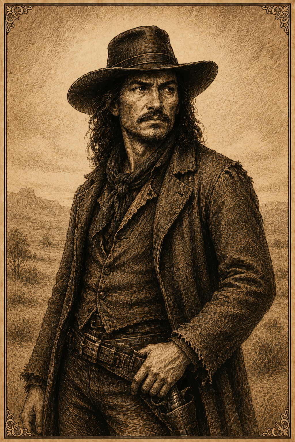 Stylized sepia illustration representing Blue Duck in frontier-era clothing.