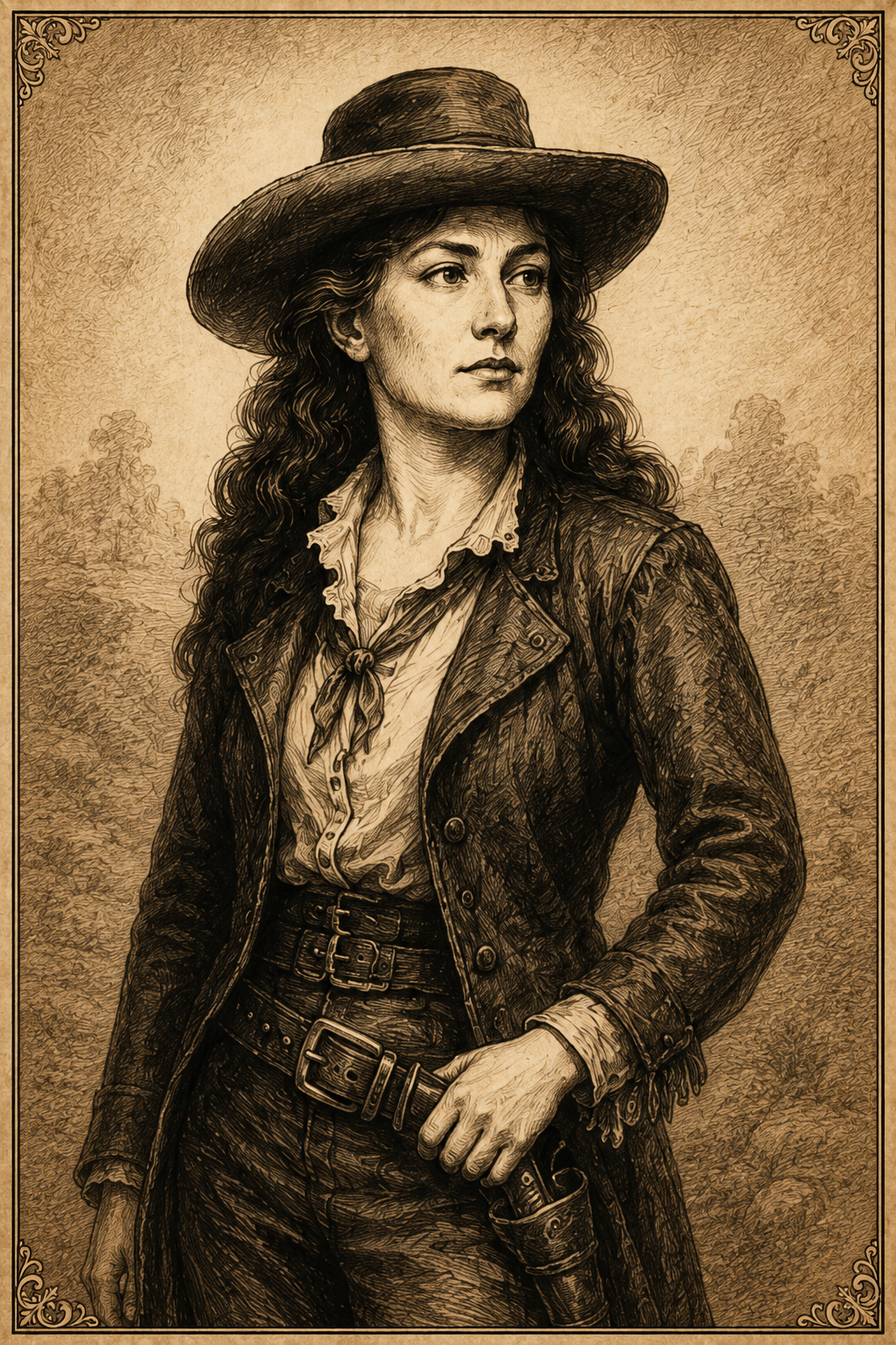 Stylized sepia illustration portraying Belle Starr in a wide-brimmed hat and frontier clothing.