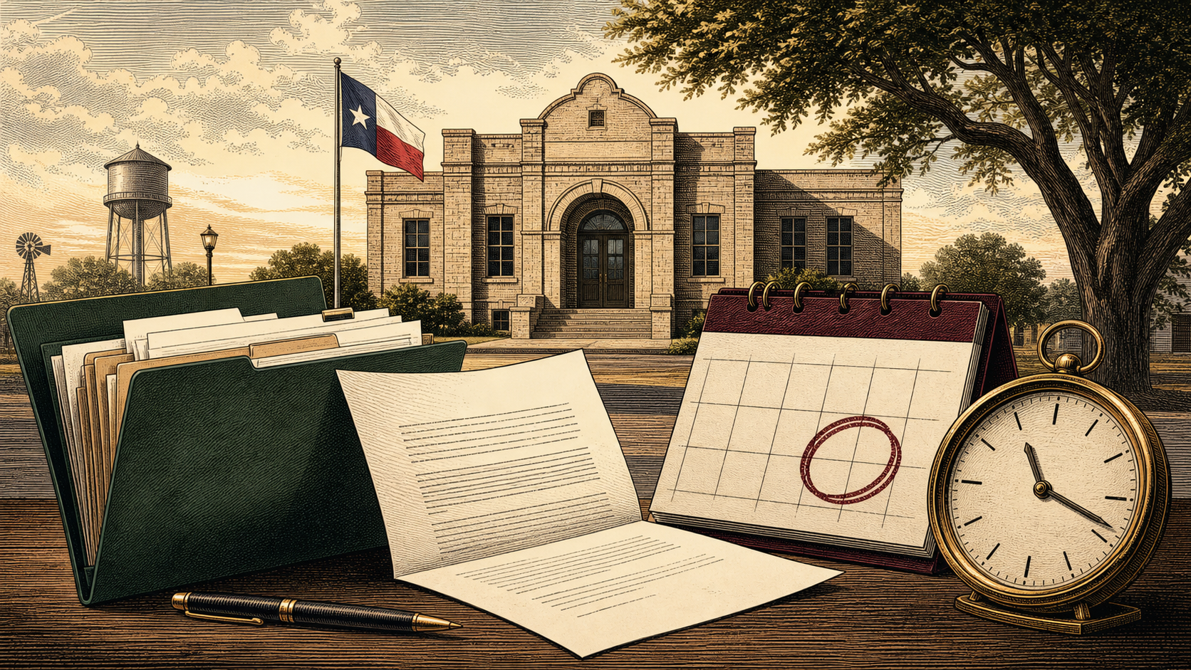 Editorial illustration of a Texas city hall, public-records folder, calendar, and clock representing a missed records deadline.
