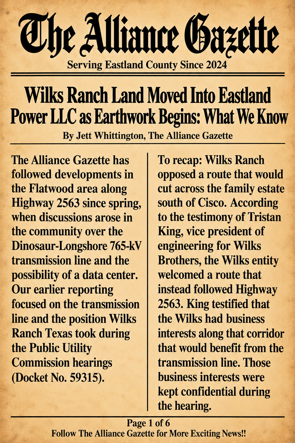 Page 1 of 6 of Jett Whittington’s report, “Wilks Ranch Land Moved Into Eastland Power LLC as Earthwork Begins: What We Know.” Full accessible article text is provided on this page.