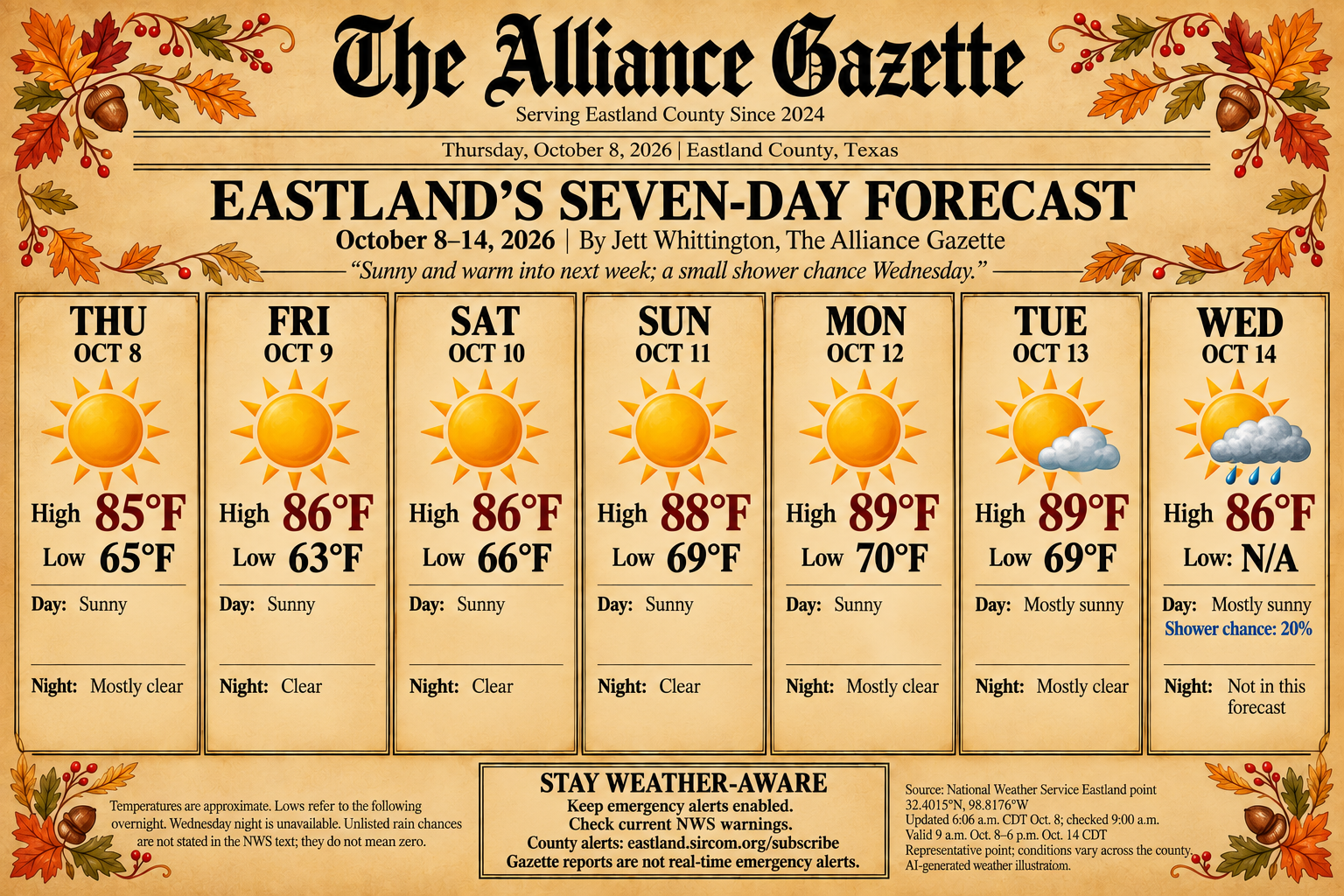 The Alliance Gazette seven-day forecast for October 8–14, 2026, using a representative Eastland point. Highs: 85, 86, 86, 88, 89, 89 and 86°F. Following overnight lows: 65, 63, 66, 69, 70 and 69°F; Wednesday night unavailable. Mostly sunny or sunny; 20% shower chance Wednesday. Full accessible forecast and sources below. AI-generated weather illustration.