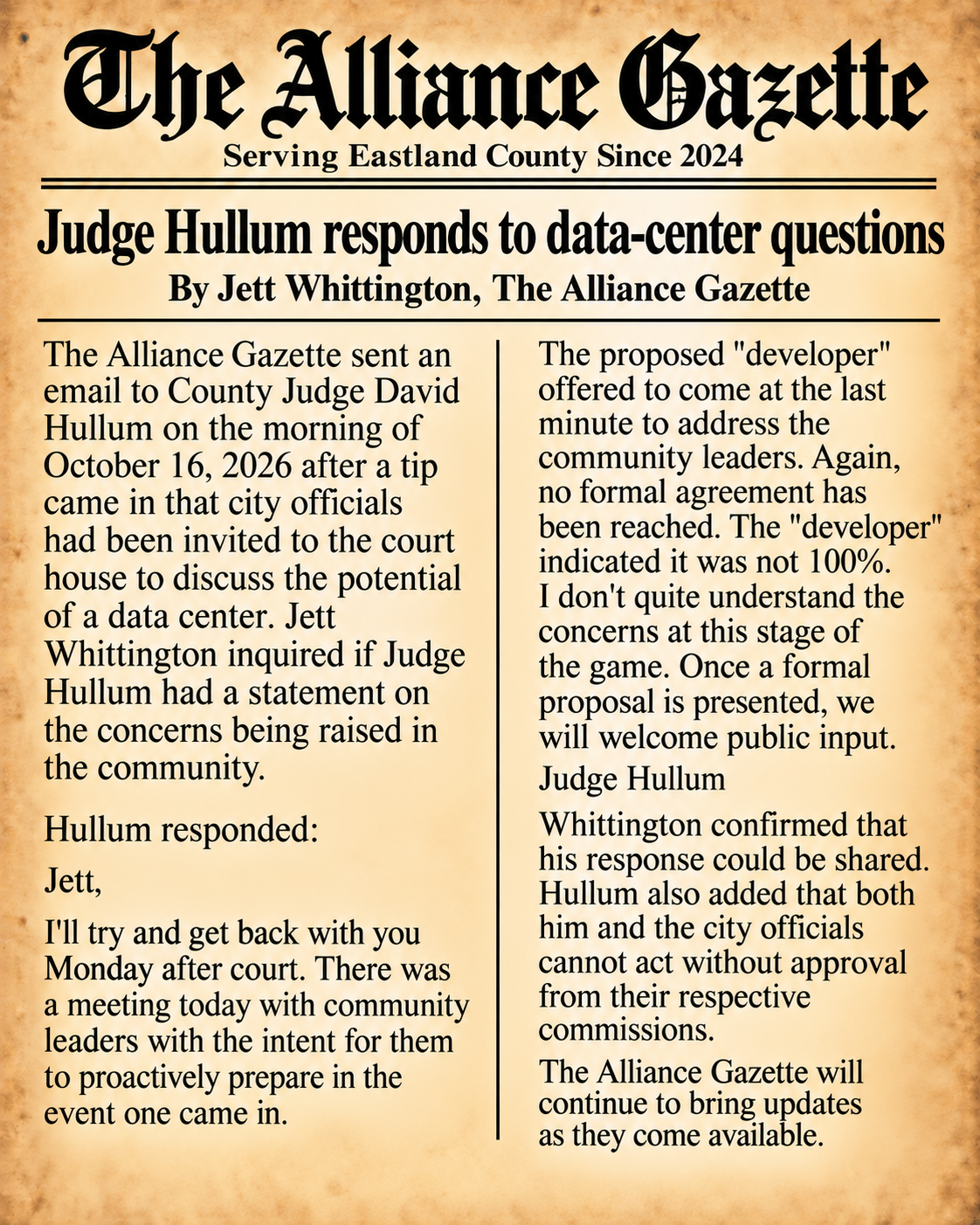The Alliance Gazette: Judge Hullum responds to data-center questions. By Jett Whittington. Complete accessible article text appears on this page.