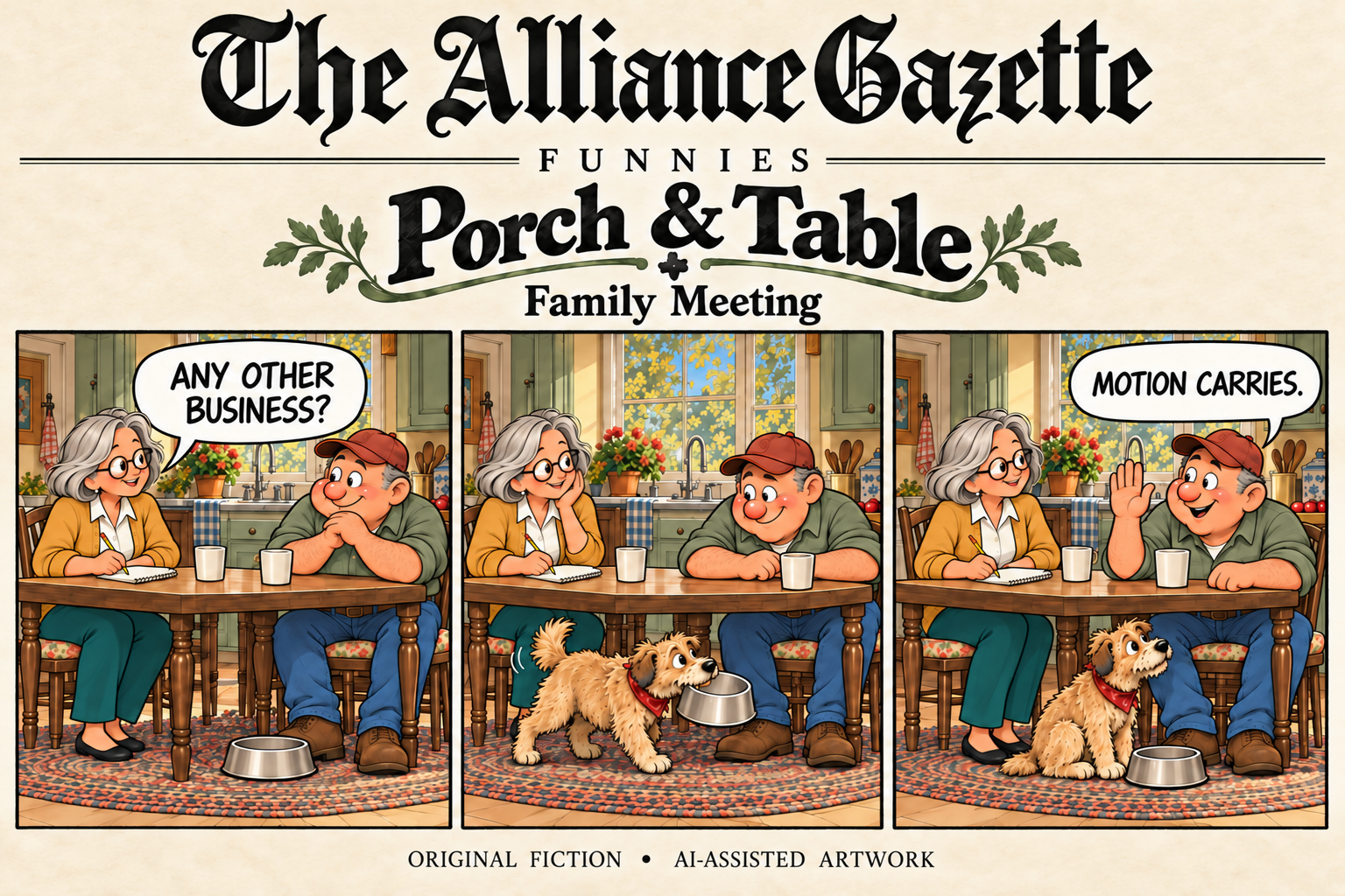 Porch & Table: Family Meeting, a three-panel comic. Bea asks, “Any other business?” Tater carries his empty bowl to the table, and Earl raises his hand: “Motion carries.” Original fiction; AI-assisted artwork.
