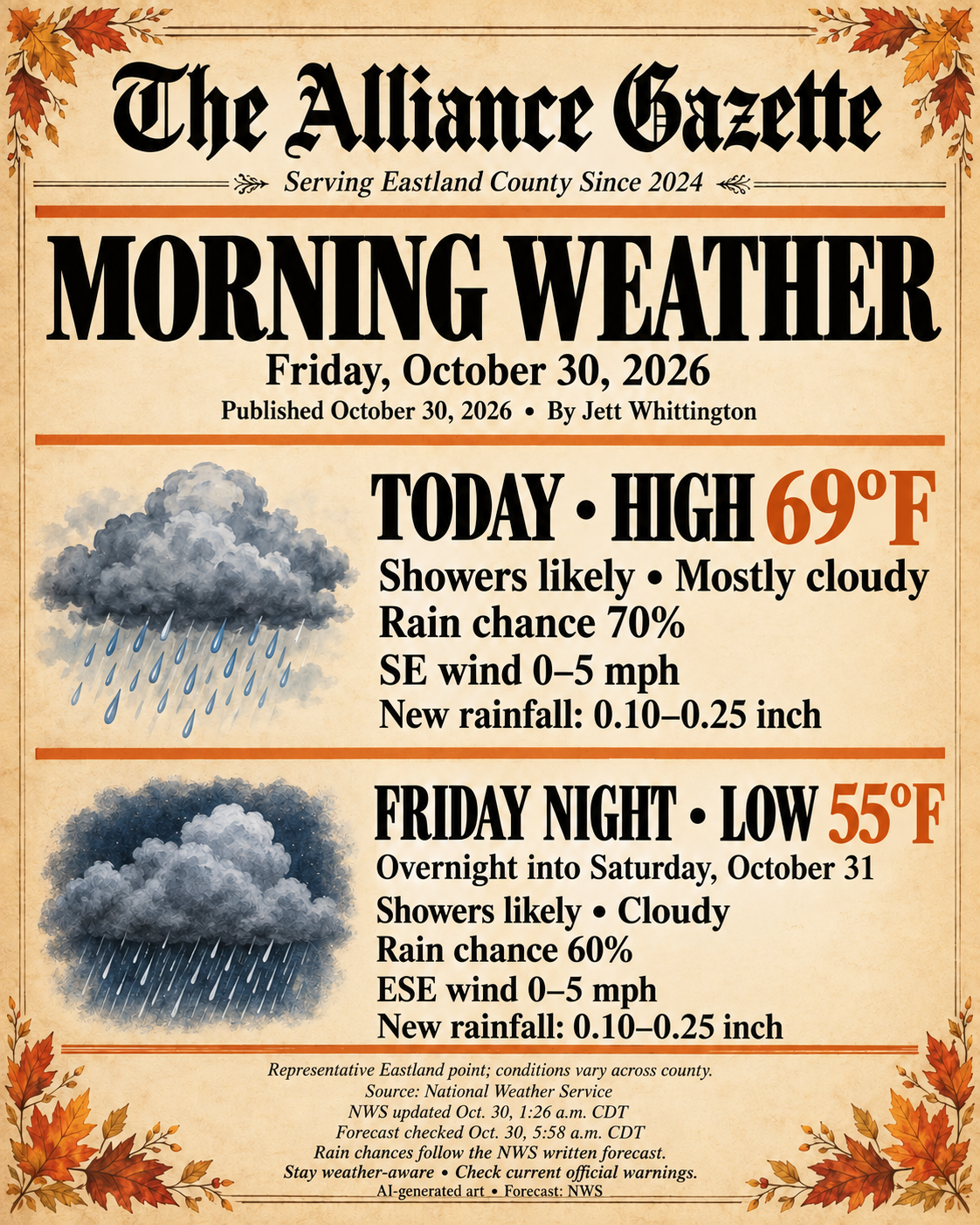Eastland Friday October 30 weather: high 69°F, tonight's low 55°F; showers likely, 70% today and 60% tonight. Design corrected to established Gazette style; morning forecast unchanged.