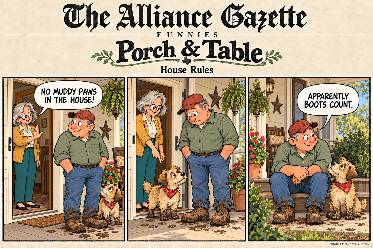 Porch & Table: House Rules, an original three-panel comic from The Alliance Gazette. Bea says, “No muddy paws in the house!” She points to Earl’s muddy boots; Earl sits outside with Tater and says, “Apparently boots count.”