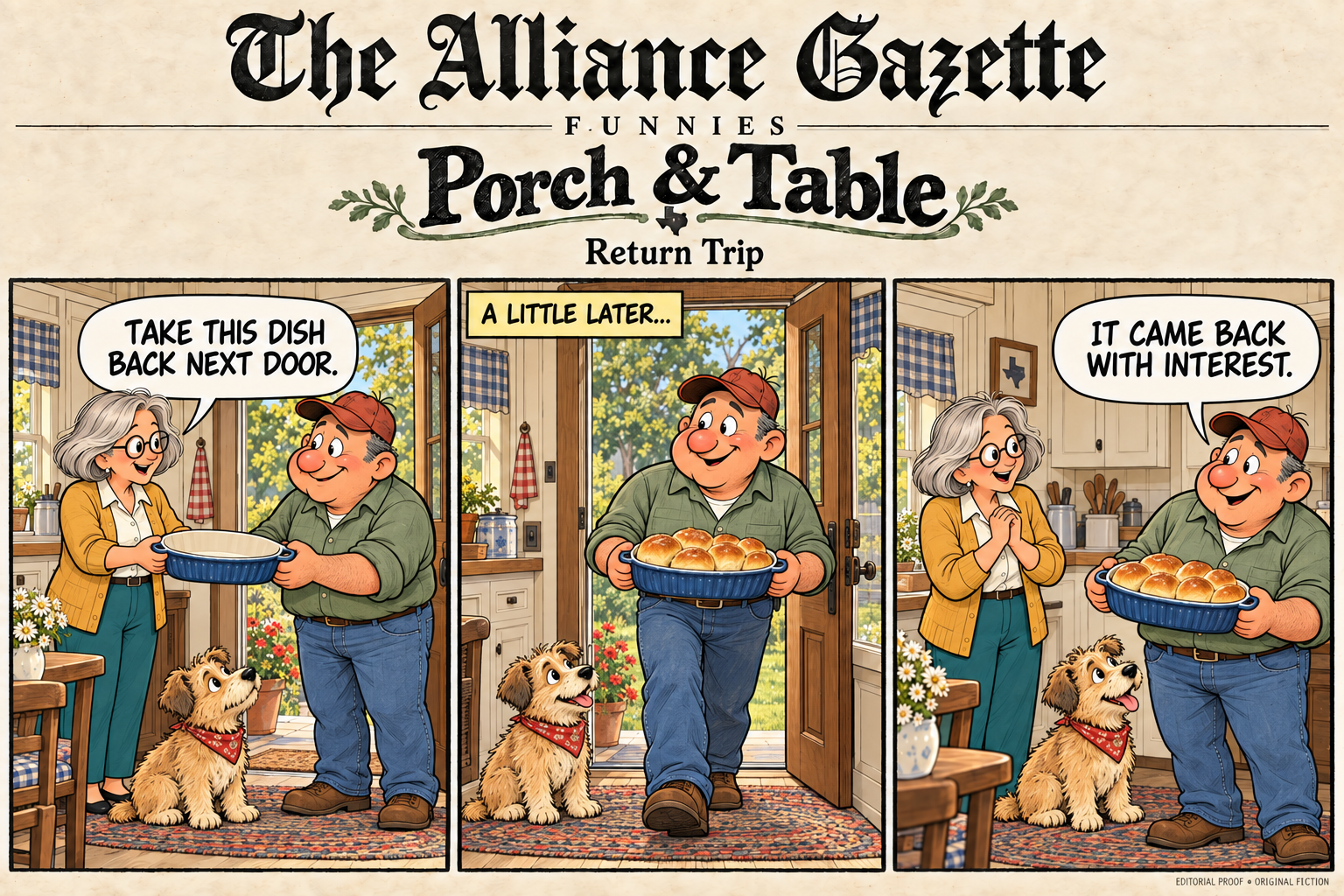 Porch & Table: Return Trip, an original three-panel comic from The Alliance Gazette. Bea hands Earl an empty dish and says, “Take this dish back next door.” A little later, Earl returns with the dish full of rolls. He says, “It came back with interest.” Tater watches beside them.