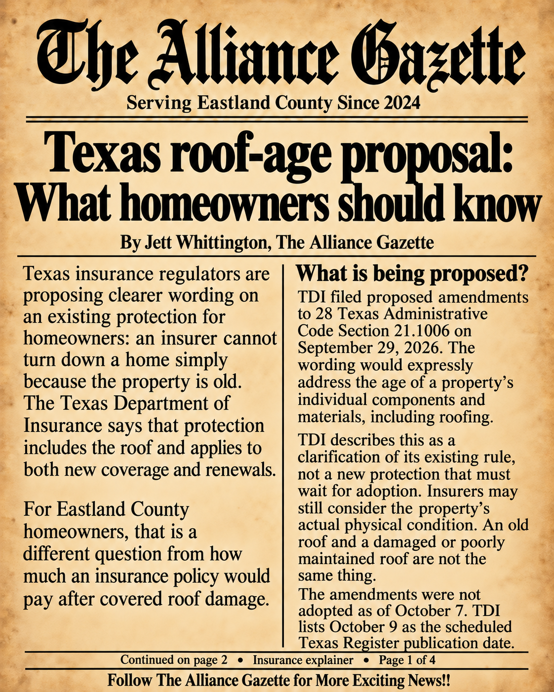 Page 1 of 4 of The Alliance Gazette roof-age explainer by Jett Whittington. Full accessible article text accompanies the graphics.
